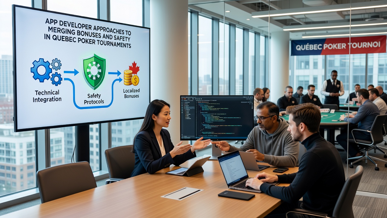 Developers testing merged bonus and safety algorithms during a Quebec poker tournament simulation