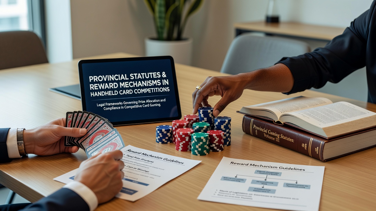 Mobile card game screen displaying compliant reward tiers and provincial statute notices